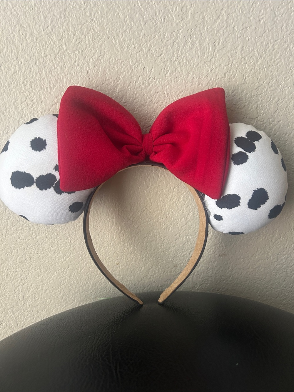 Dalmatian Spot Minnie Ears Headband with Red Bow